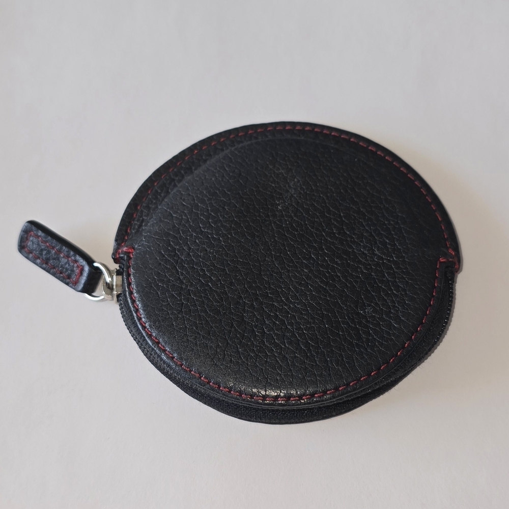 Coach Black Pebbled Leather Round Zip Coin Pouch with Red Stitching - Picture 7 of 7